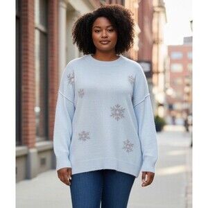 CeCe Snowflake Lightweight Sweater Women’s Size XL Light Blue Gray Metallic FLAW